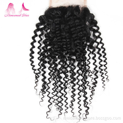 wholesale price kinky curly malaysian hair natural color double drawn human hair bundles with 4*4 lace closure
